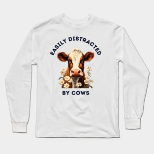 Easily Distracted by Cows Retro Design | Funny Cow Lover Long Sleeve T-Shirt